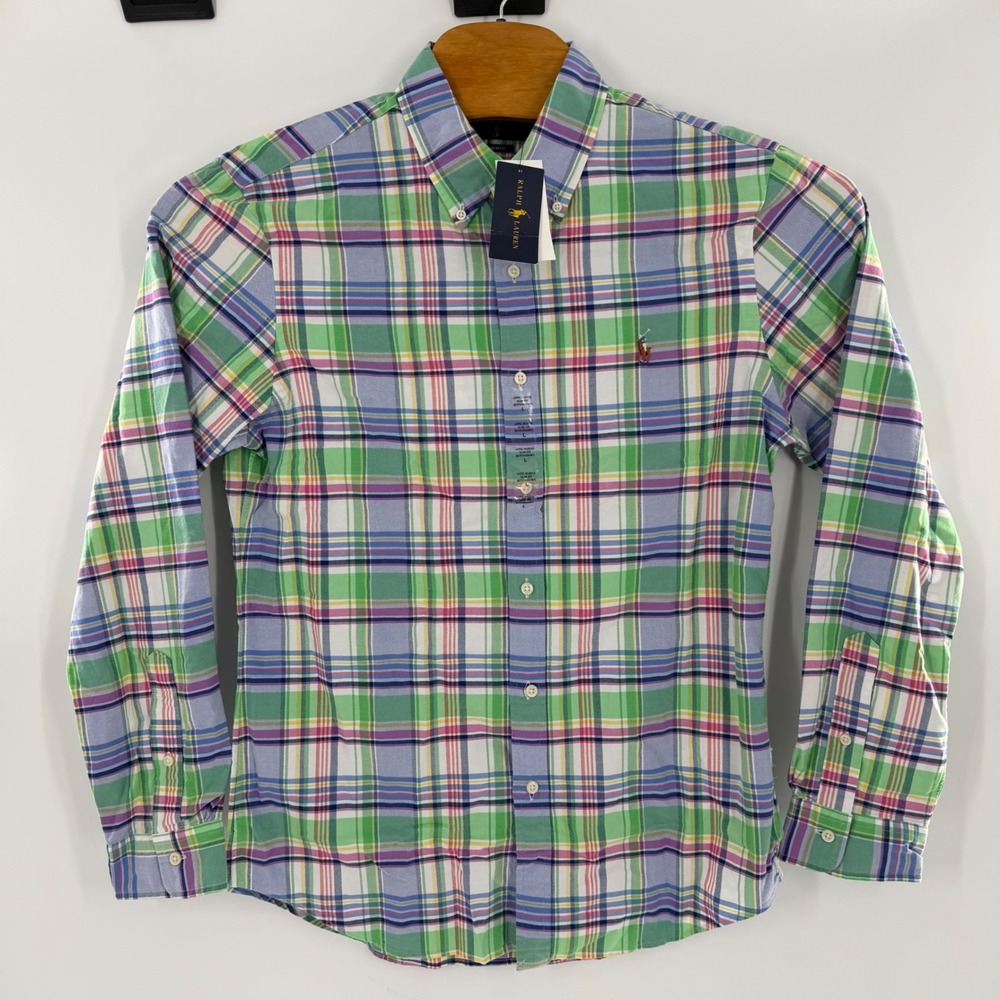 Polo Ralph Lauren Mens Slim Fit Plaid Button Down Shirt Green Blue L NWT